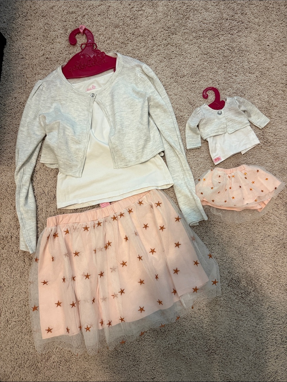 Girls' Light Pink Star Tulle Skirt Set with Gray Cardigan and matching Doll